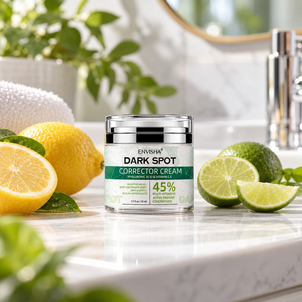 ENVISHA dark spot corrector jar on a bathroom counter with fresh lemon and lime