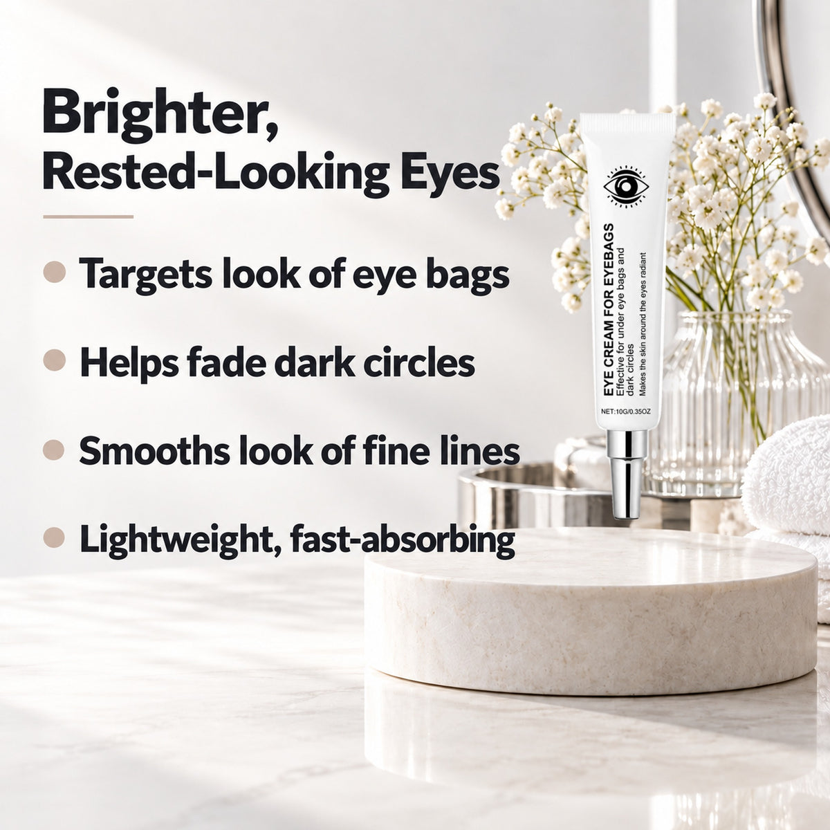 Eye cream for eyebags benefits: targets look of eye bags, helps fade dark circles, smooths look of fine lines, lightweight fast-absorbing