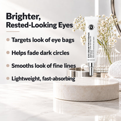 Eye cream for eyebags benefits: targets look of eye bags, helps fade dark circles, smooths look of fine lines, lightweight fast-absorbing