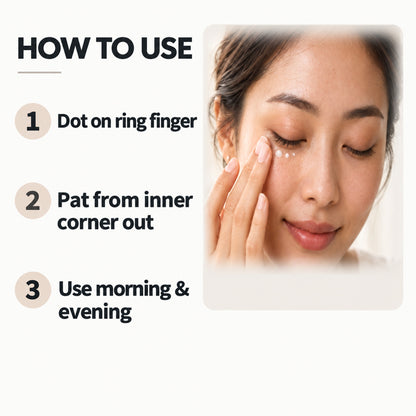 How to use the eye cream: dot on ring finger, pat from inner corner out, use morning and evening