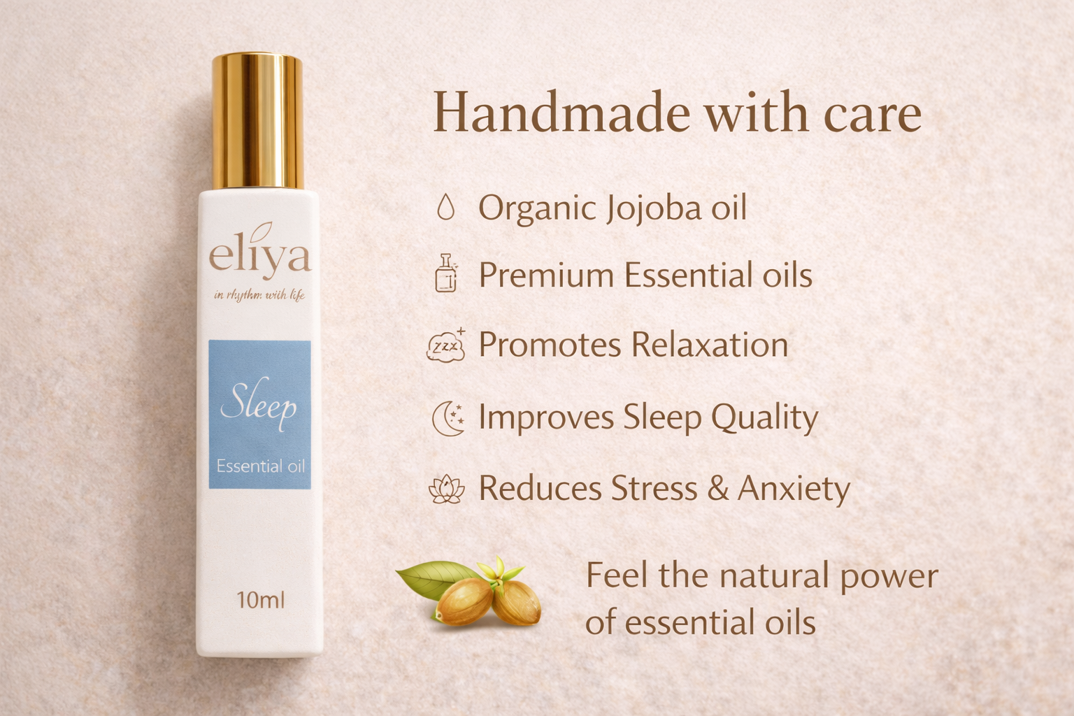 Eliya Sleep Essential Oil Roller 10ml with organic jojoba and premium oils for calming bedtime ritual