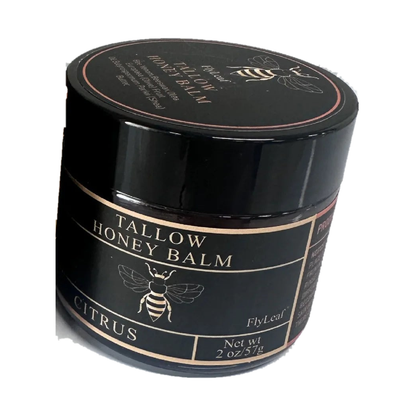 FlyLeaf Tallow Honey Balm Citrus 2 oz / 57 g jar, centred on a pure white background
