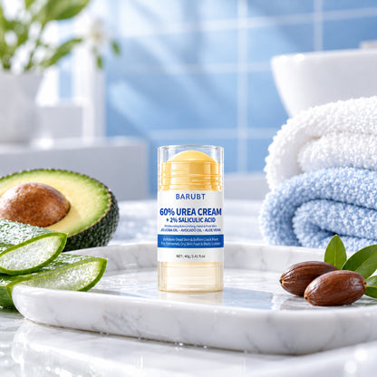 BARUBT urea cream stick with avocado, aloe and jojoba in a bright bathroom