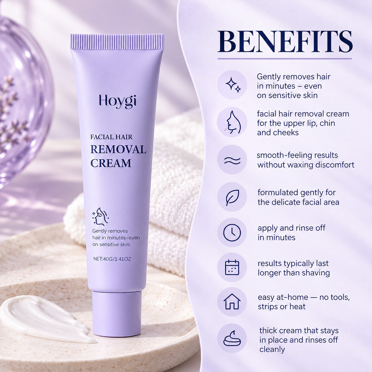 Facial hair removal cream benefits: gently removes hair in minutes, even on sensitive skin, no waxing, no tools