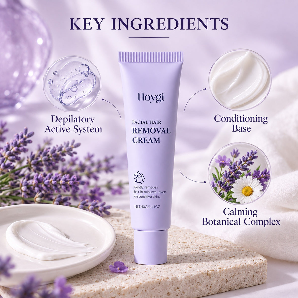 Key ingredients: depilatory active system, conditioning base and calming botanical complex