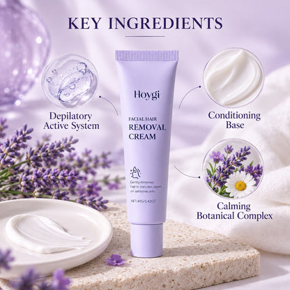 Key ingredients: depilatory active system, conditioning base and calming botanical complex