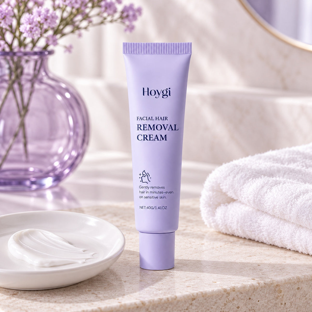 Hoygi facial hair removal cream tube with a cream swatch on a lavender bathroom vanity