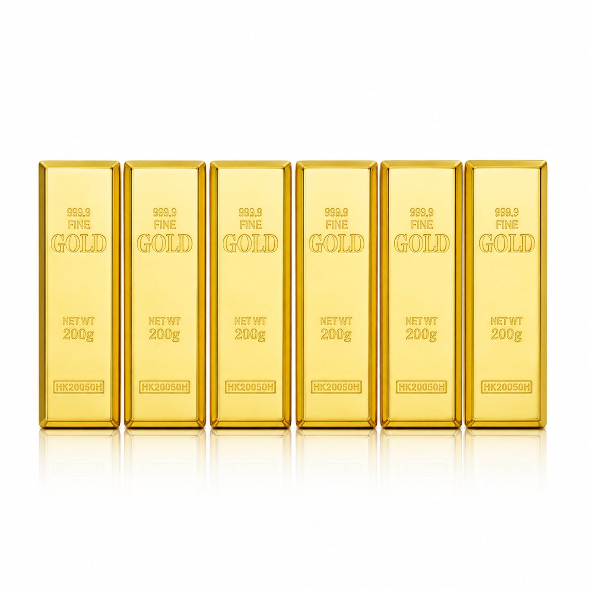 Six gold-bar lipstick cases alone on white with soft realistic studio shadows