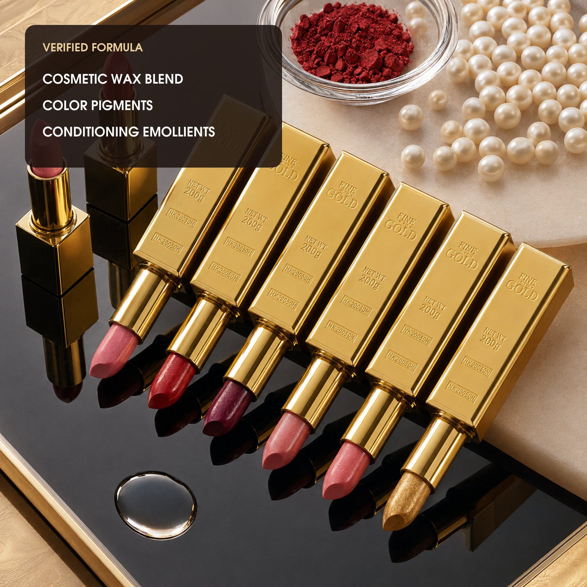 Gold-bar lipstick formula with named wax blend, color pigments and emollients