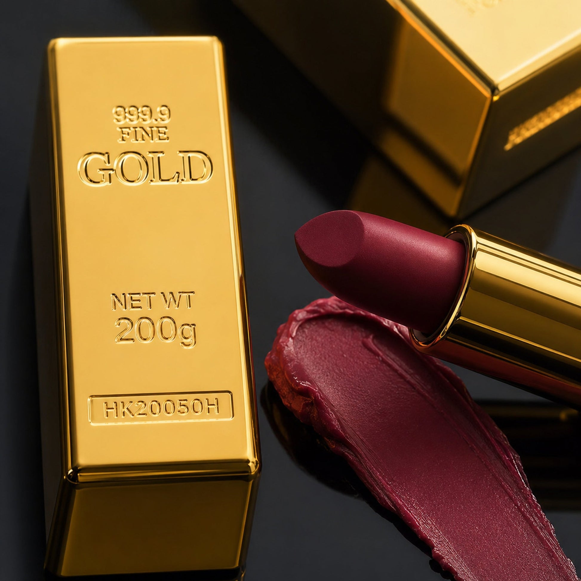 Gold-bar lipstick packaging and rich berry satin texture shown in macro detail