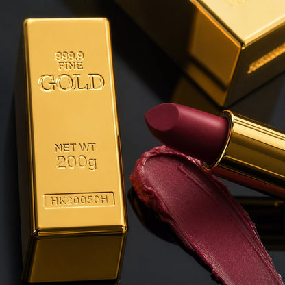 Gold-bar lipstick packaging and rich berry satin texture shown in macro detail