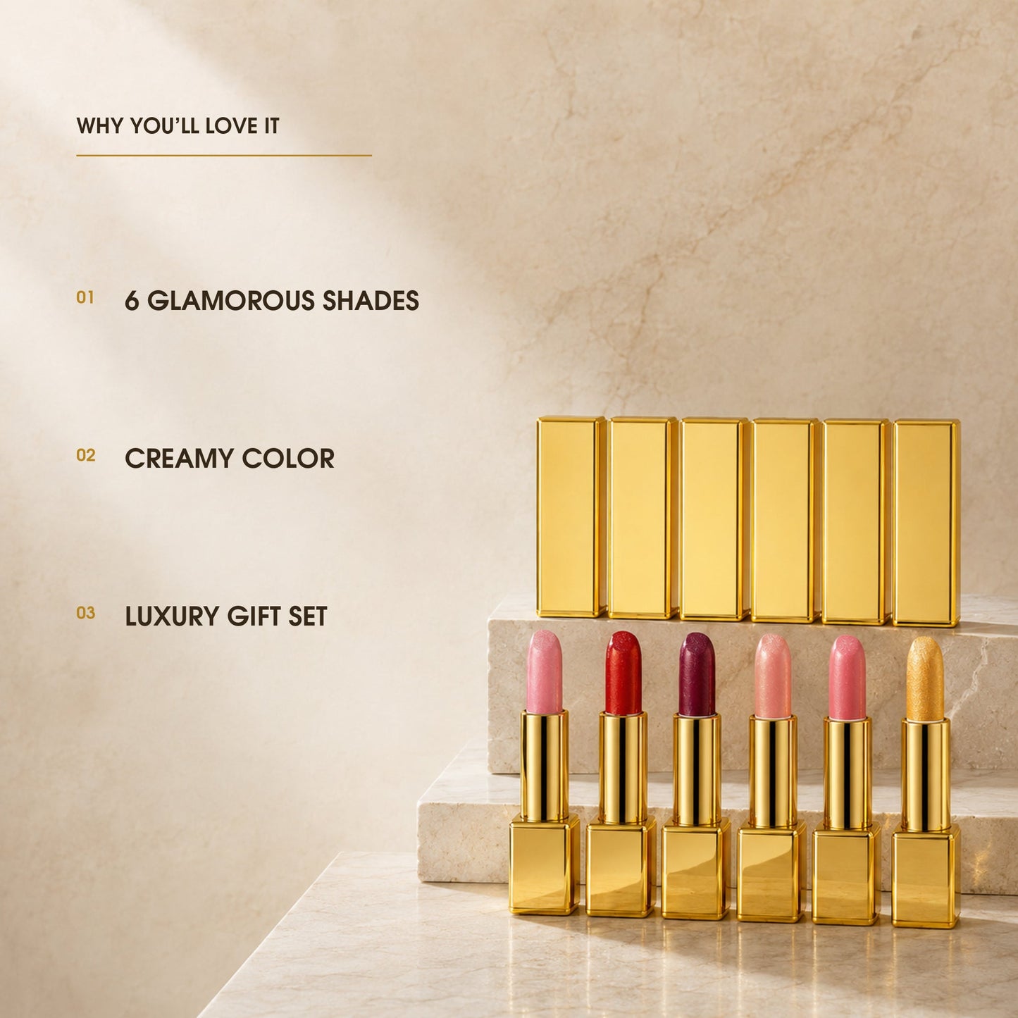 Gold-bar lipstick benefits: six shades, creamy color and luxury gift presentation
