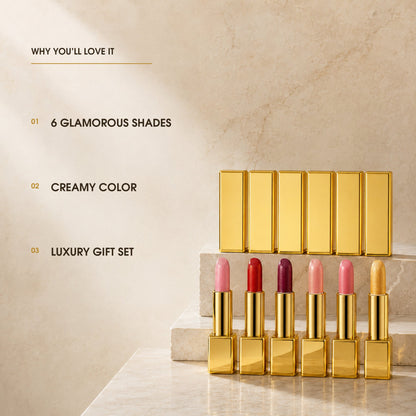 Gold-bar lipstick benefits: six shades, creamy color and luxury gift presentation