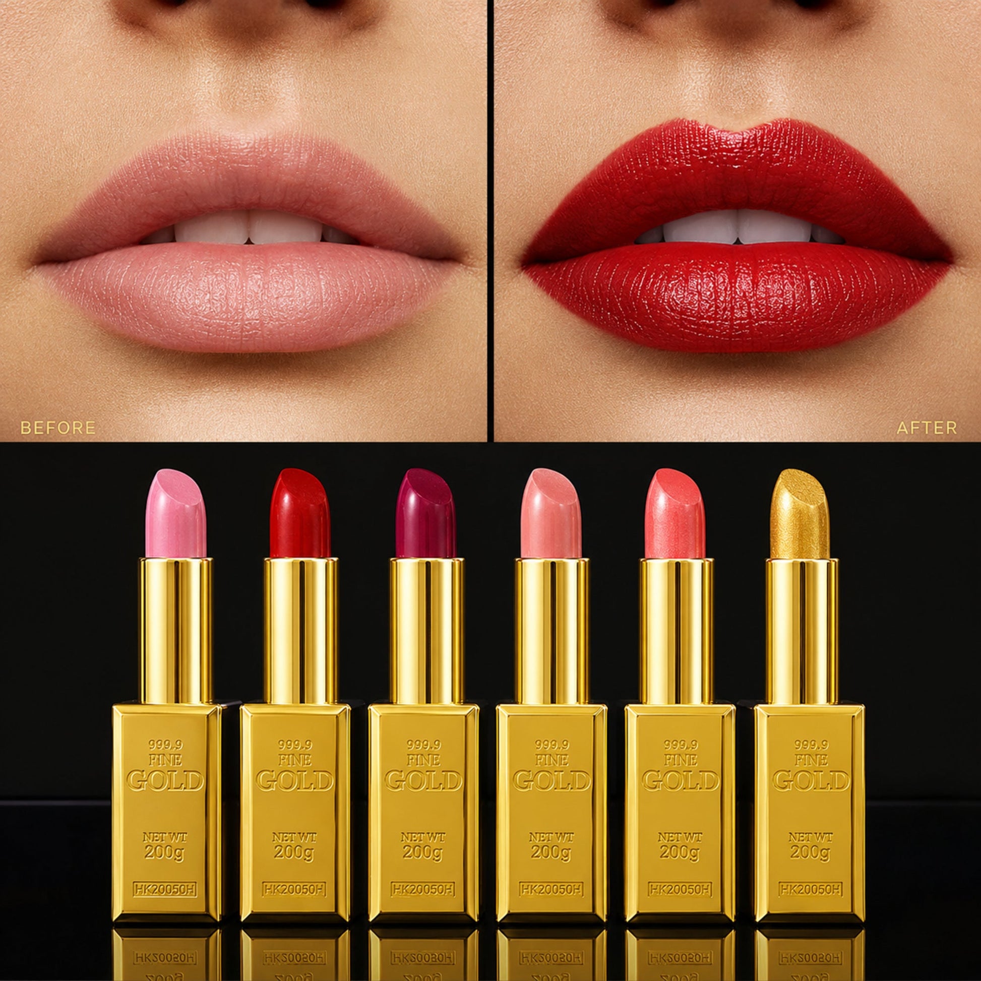 Gold Bar Lipstick before-and-after color result under identical studio lighting