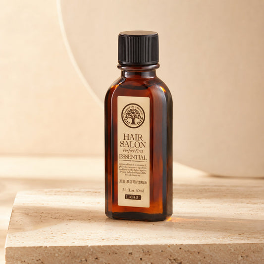 Hair Salon Argan Oil in a warm beige three-quarter premium product shot