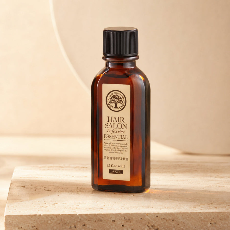 Hair Salon Argan Oil in a warm beige three-quarter premium product shot
