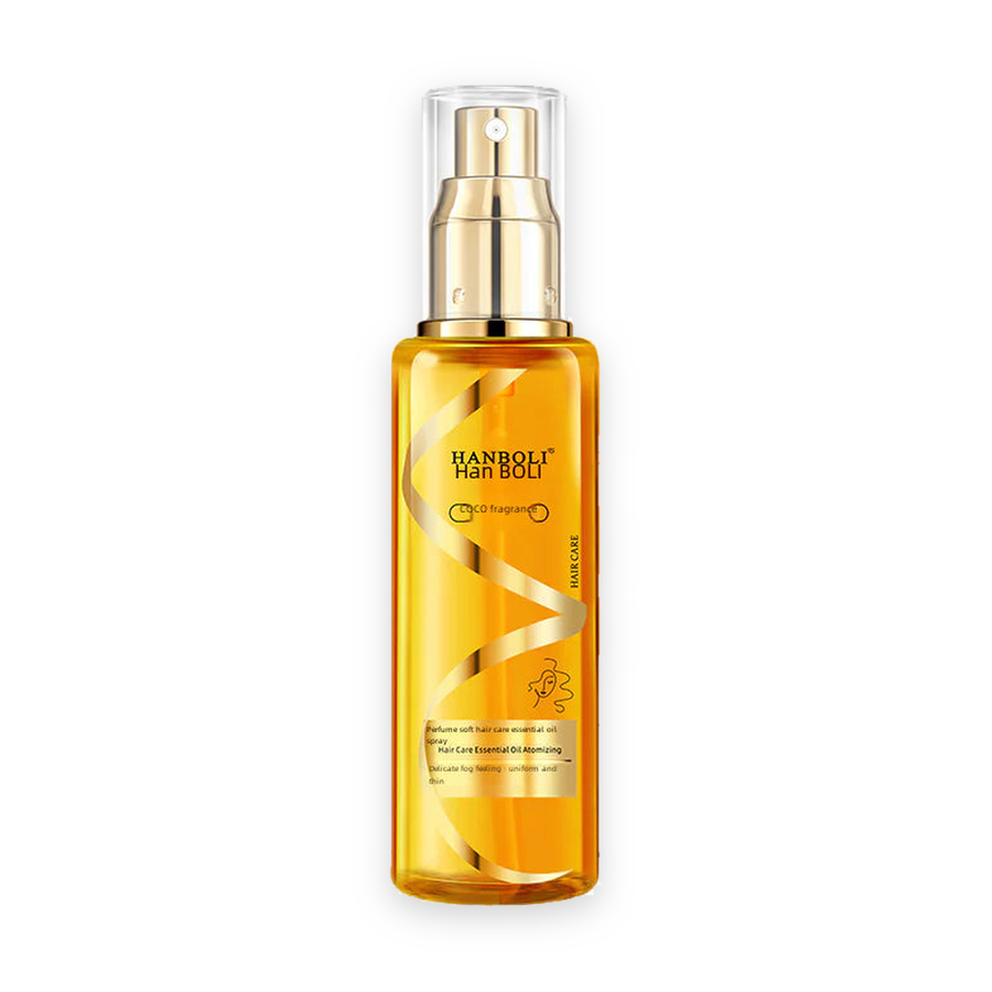 HANBOLI COCO fragrance hair care essential oil spray bottle, centered on a pure white background