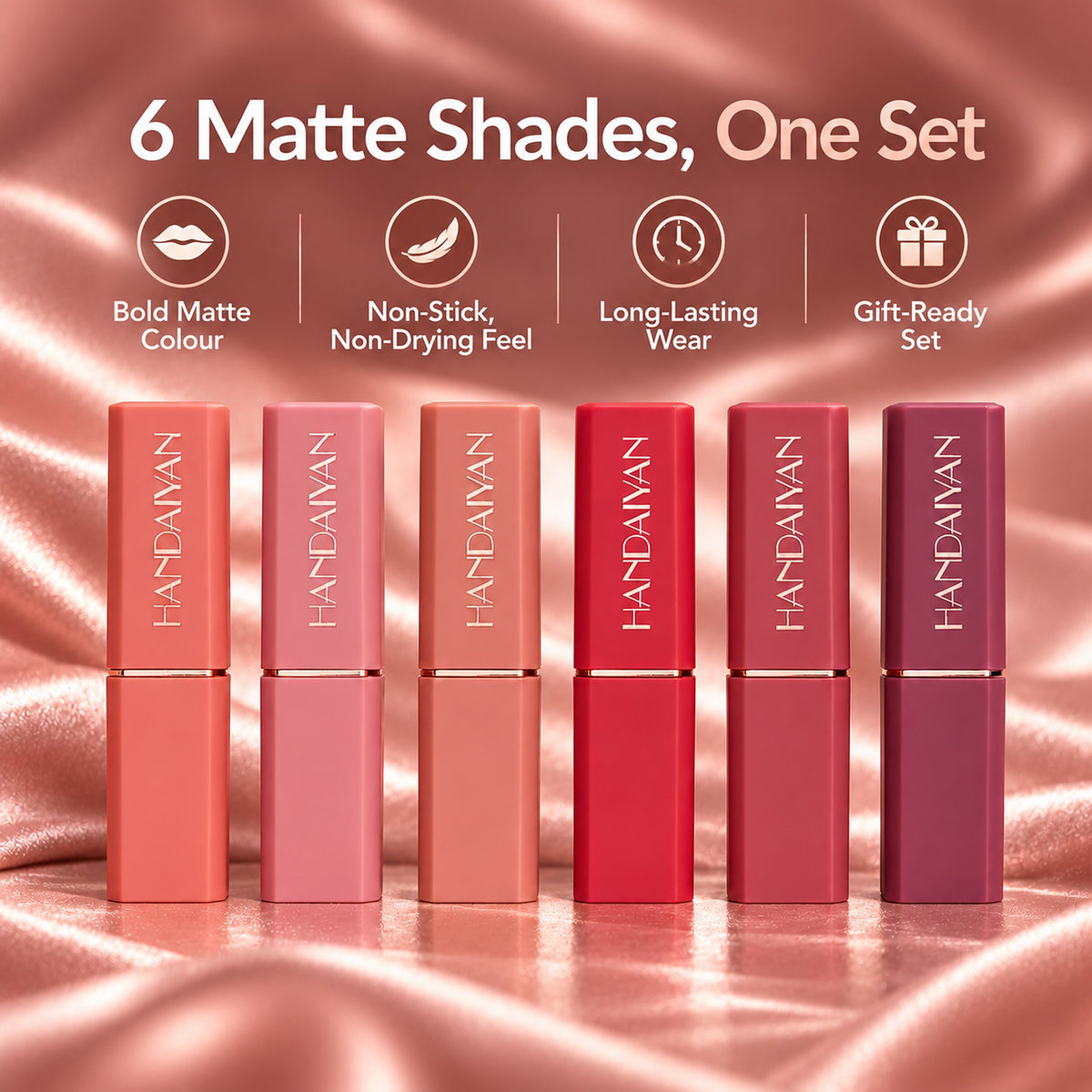 HANDAIYAN matte lipstick set – 6 matte shades in one set: bold matte colour, non-stick non-drying feel, long-lasting wear, gift-ready