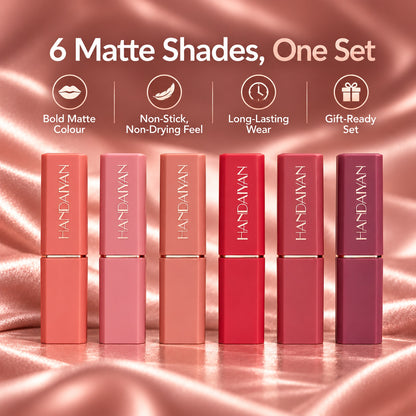 HANDAIYAN matte lipstick set – 6 matte shades in one set: bold matte colour, non-stick non-drying feel, long-lasting wear, gift-ready