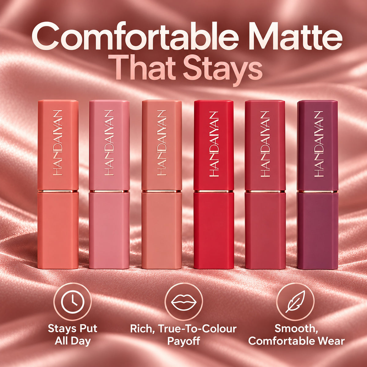 Comfortable matte lipstick that stays put all day with rich, true-to-colour payoff