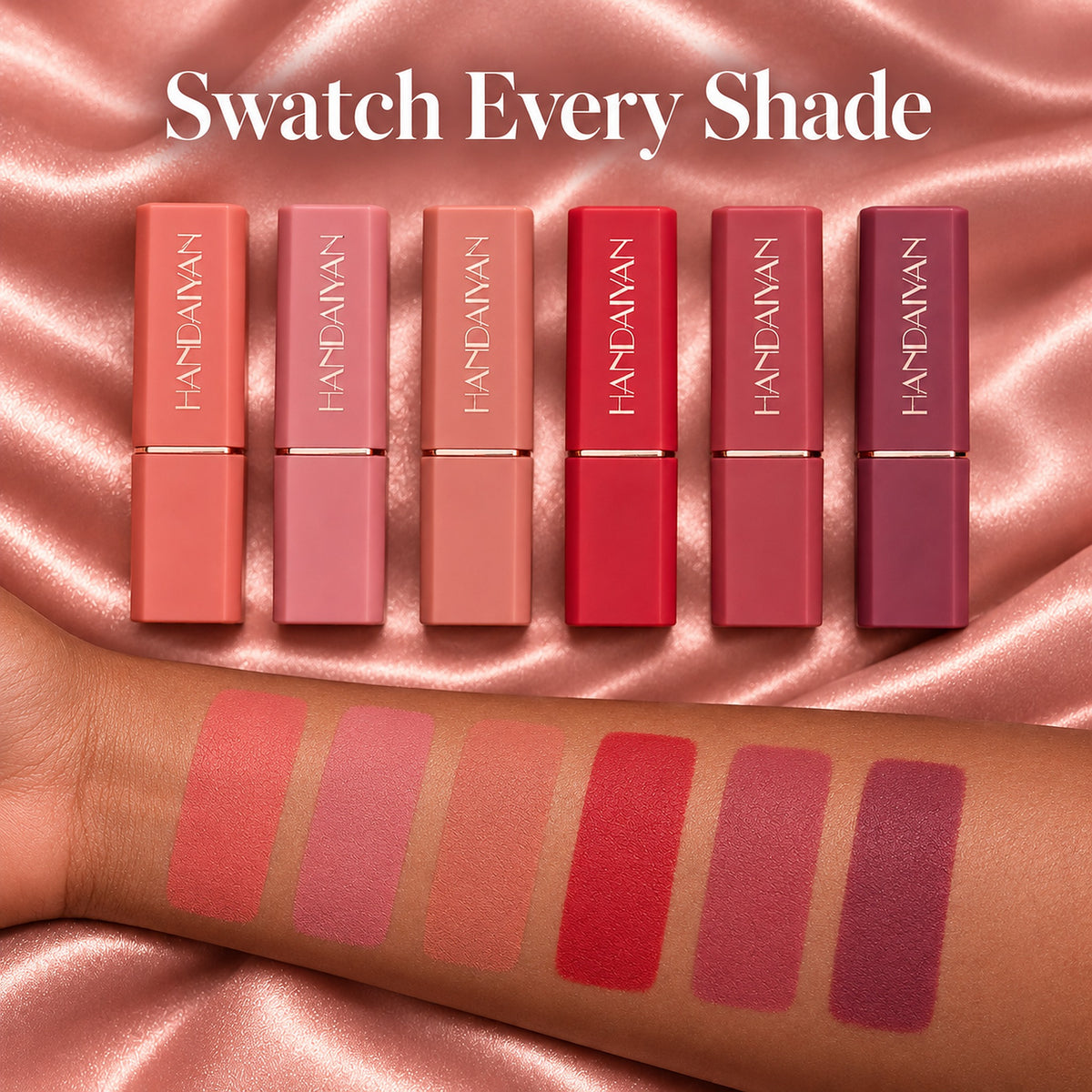 Arm swatches of all six HANDAIYAN matte lipstick shades: coral, pink nude, peach nude, red, rose and plum