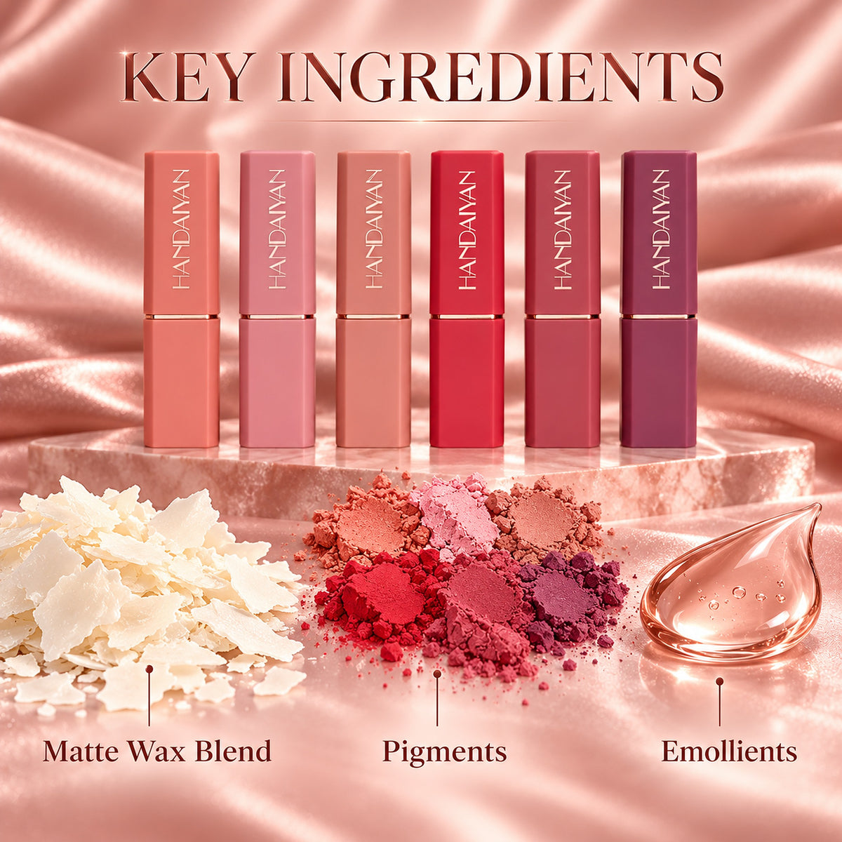 Key ingredients of the matte lipsticks: matte wax blend, pigments, emollients