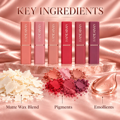Key ingredients of the matte lipsticks: matte wax blend, pigments, emollients
