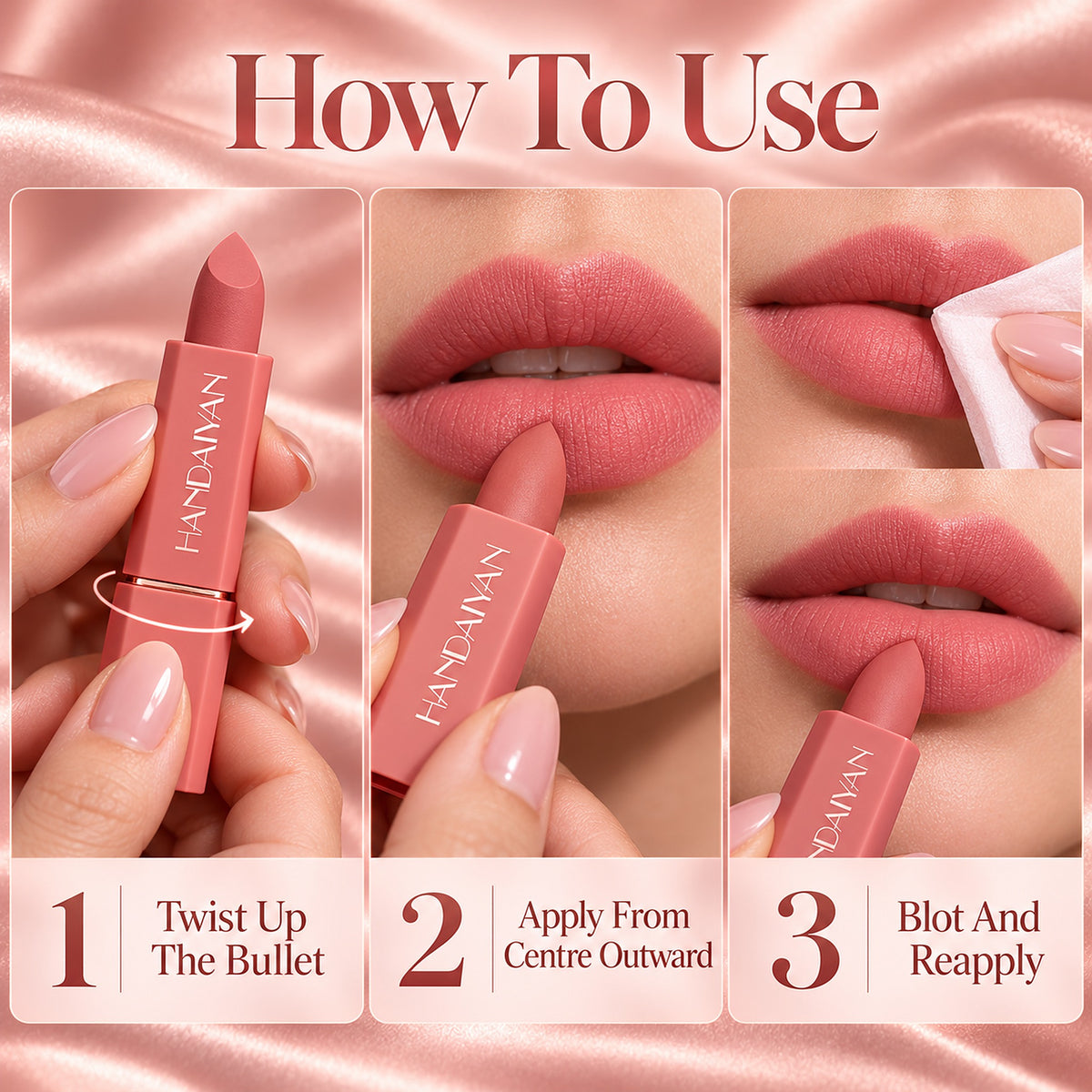 How to use the matte lipstick: twist up the bullet, apply from centre outward, blot and reapply