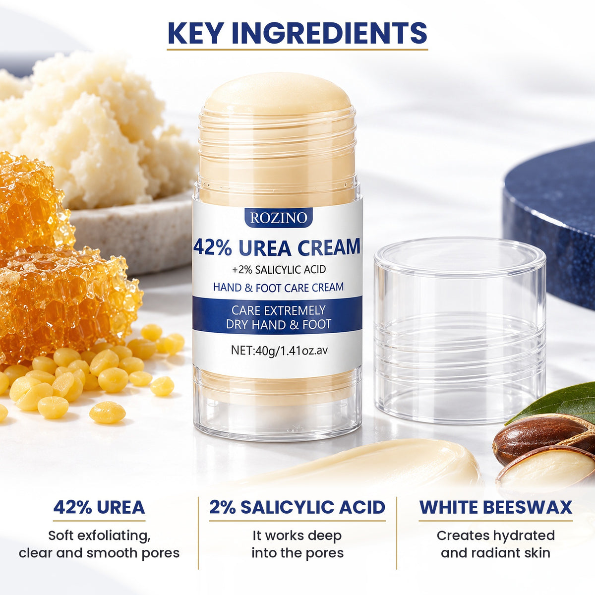 Key ingredients of Rozino urea cream stick: 42% urea, 2% salicylic acid and white beeswax