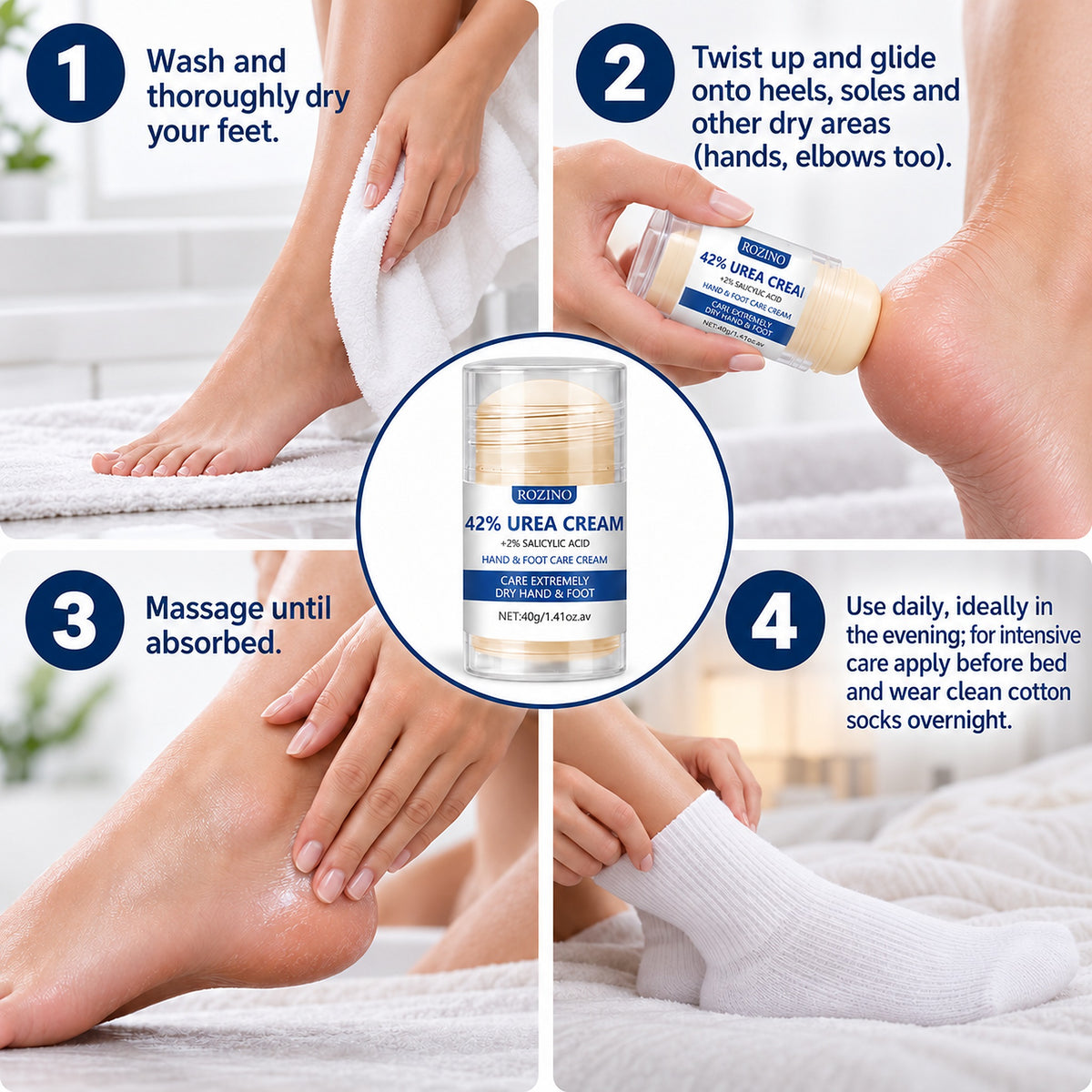 How to use the heel repair urea foot cream stick in 4 steps, with cotton socks overnight