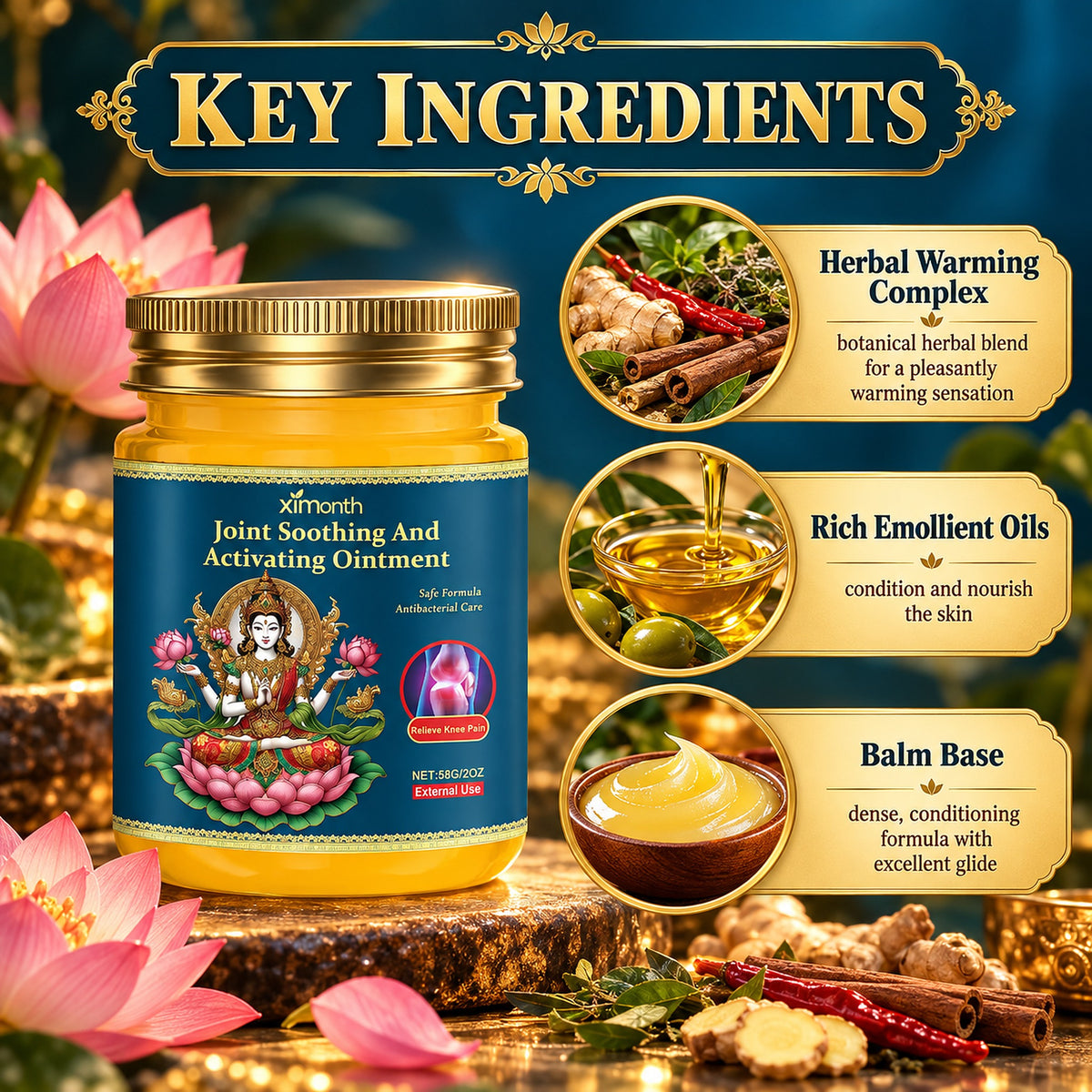 Key ingredients: herbal warming complex, rich emollient oils and balm base