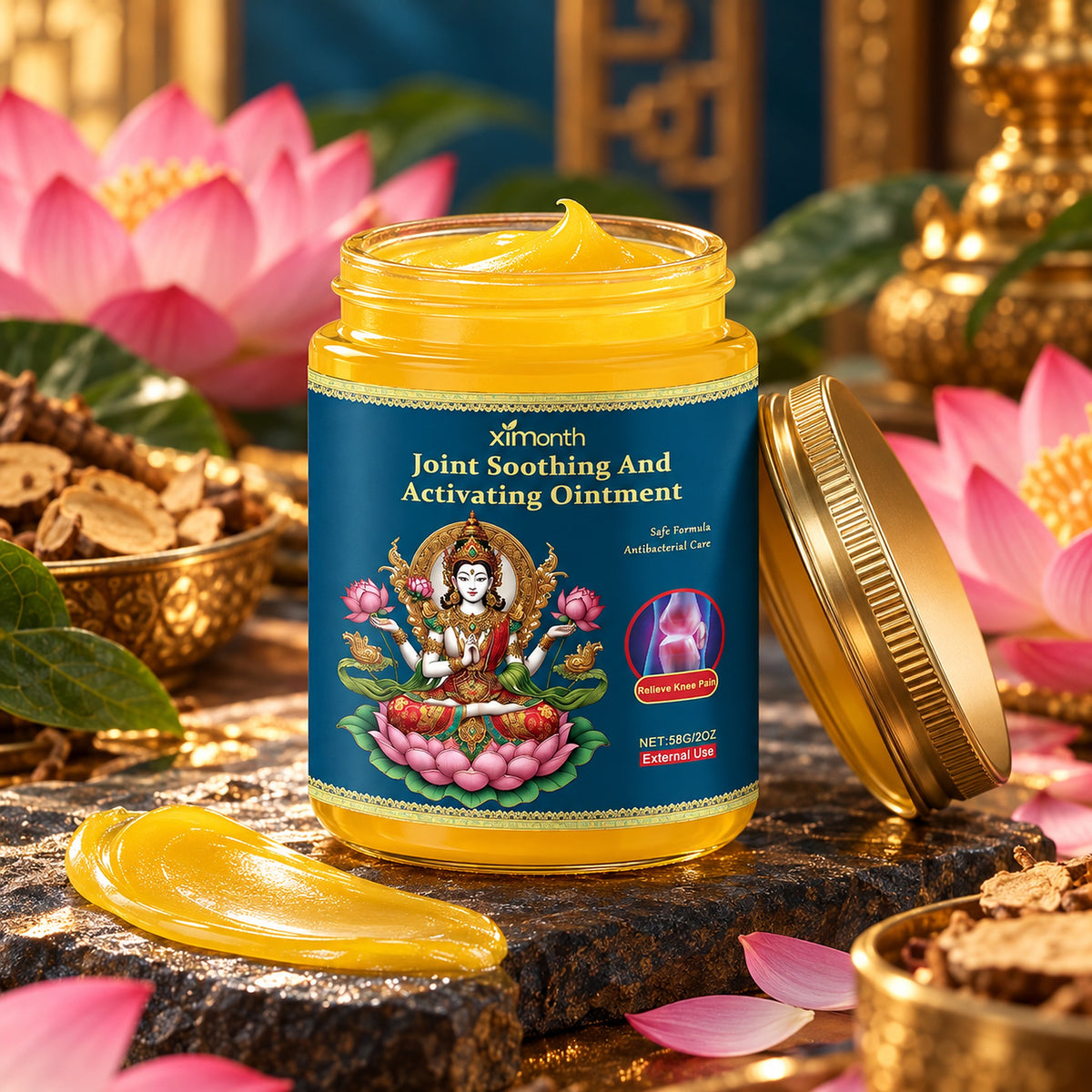 Open jar of golden warming massage balm with pink lotus flowers
