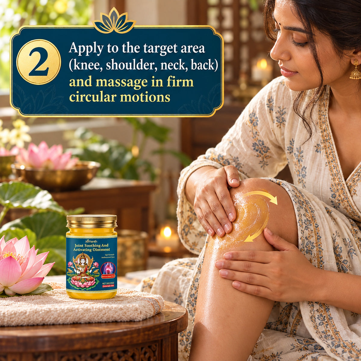 How to use step 2: apply the balm to the knee and massage in firm circular motions