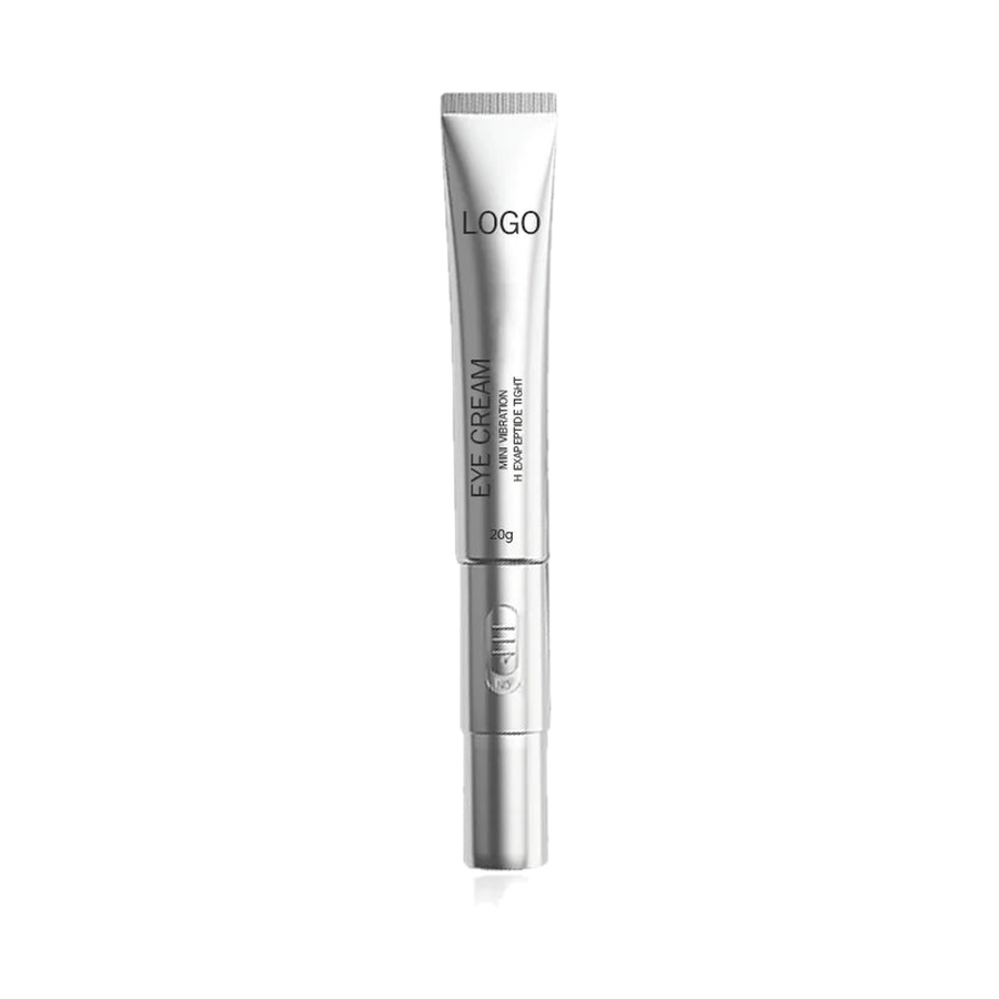 Hexapeptide anti-aging eye cream tube with vibrating metal applicator tip, 20g — single tube, product only, centered on a pure white background