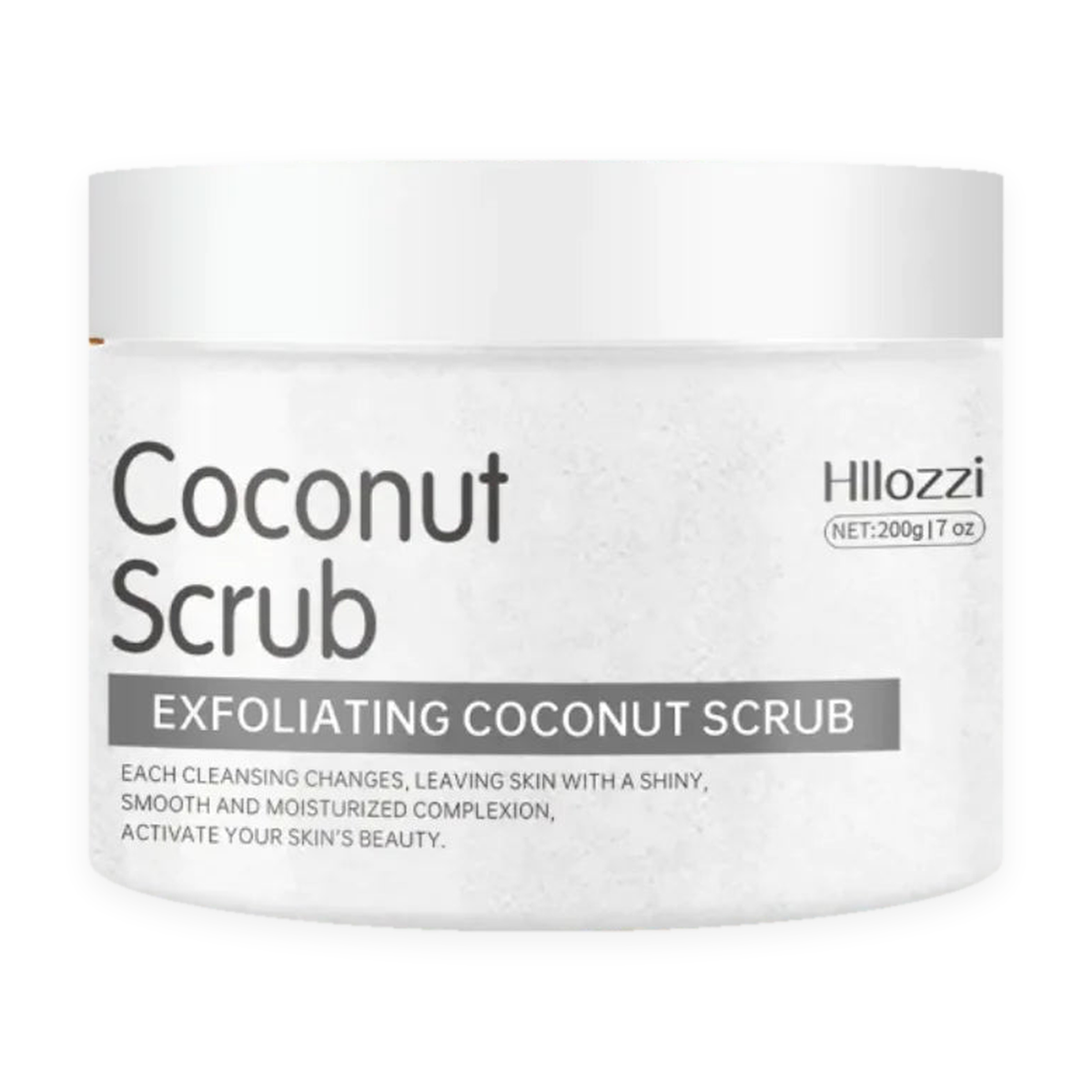 Hllozzi Exfoliating Coconut Scrub 200g jar, product only, on a pure white background
