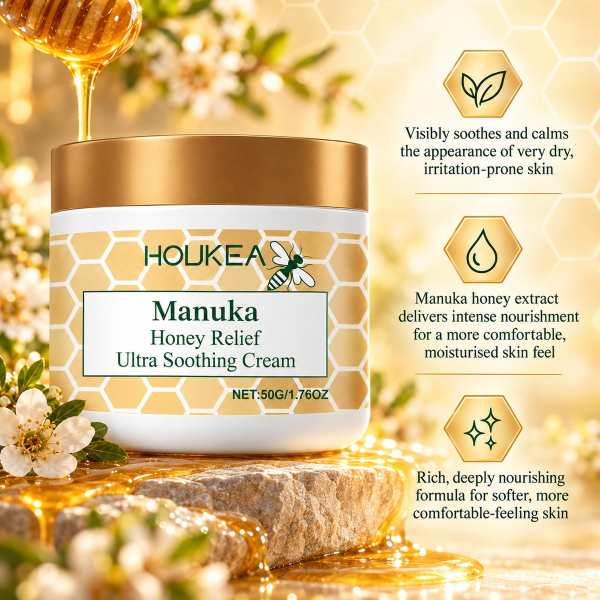 Manuka honey cream benefits: soothes very dry skin, intense nourishment, softer comfortable skin