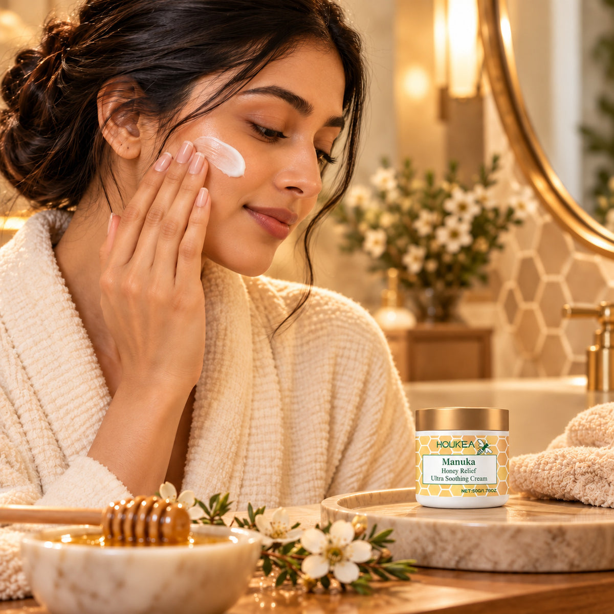 Woman applying Manuka Honey Relief cream to her face
