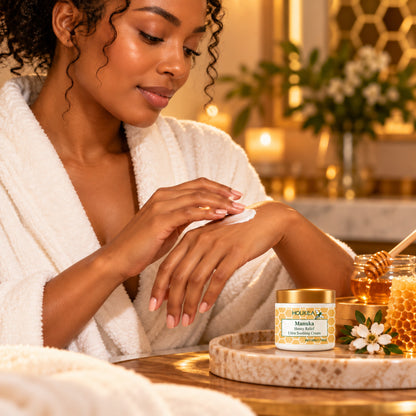 Woman smoothing Manuka honey soothing cream onto dry hands