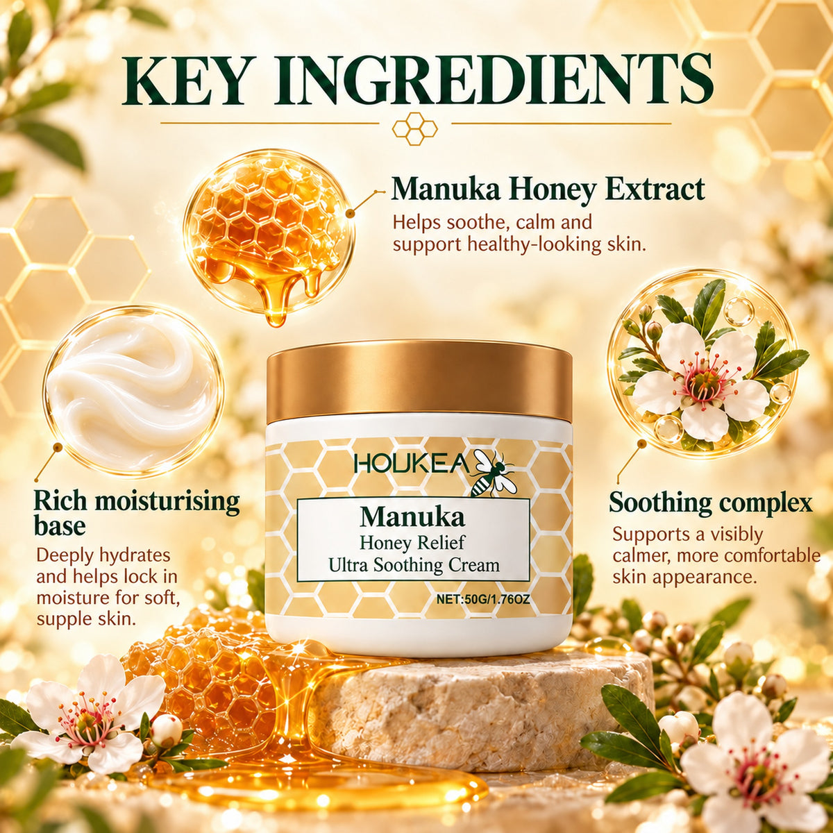 Key ingredients: manuka honey extract, rich moisturising base, soothing complex