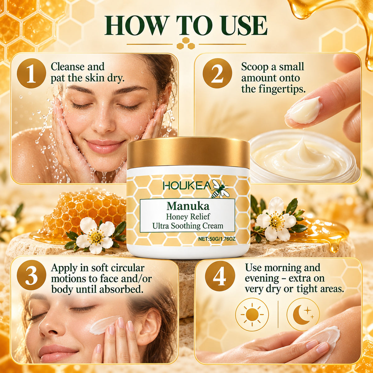 How to use Manuka honey cream in 4 steps, morning and evening