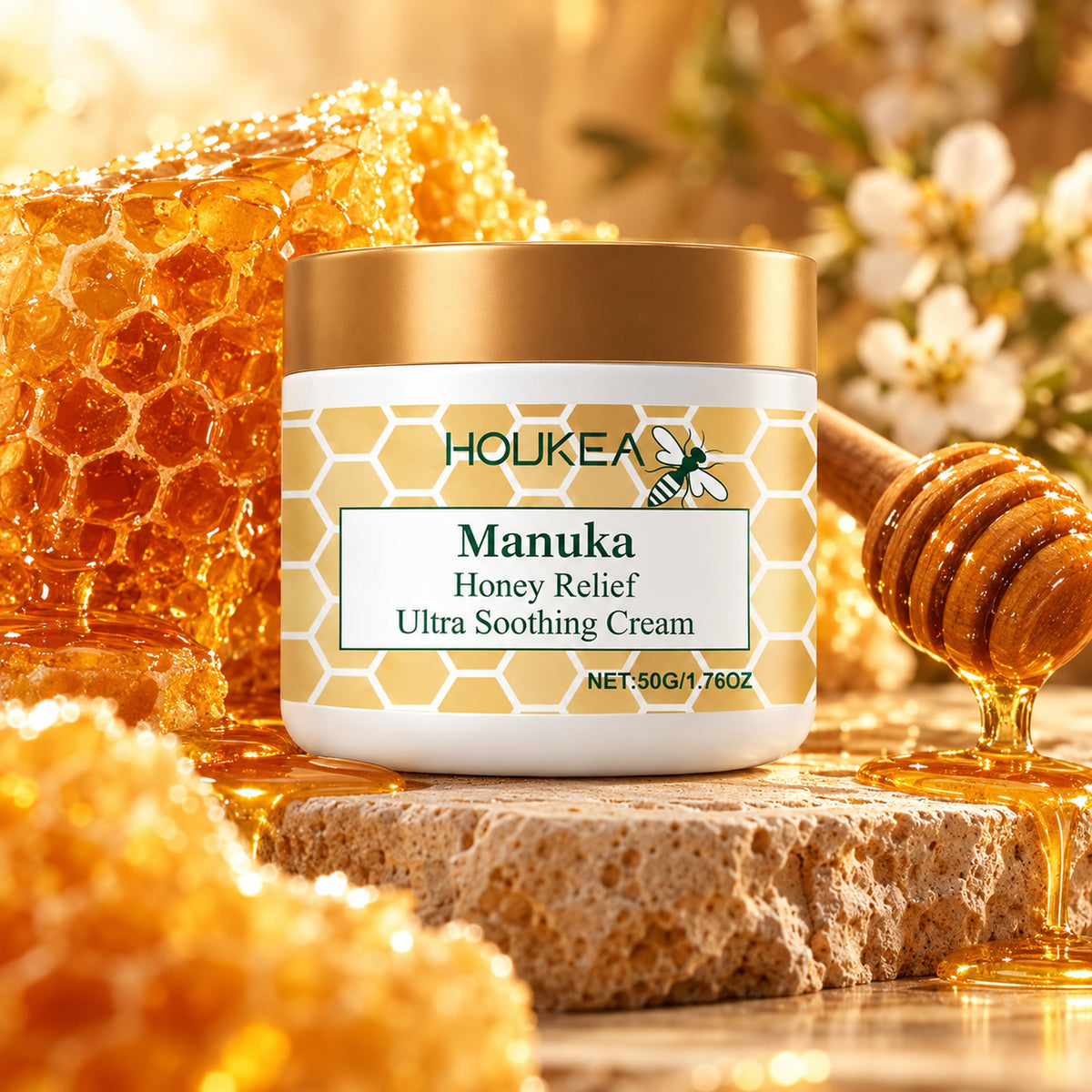 Manuka Honey Relief cream with golden honeycomb and honey dipper