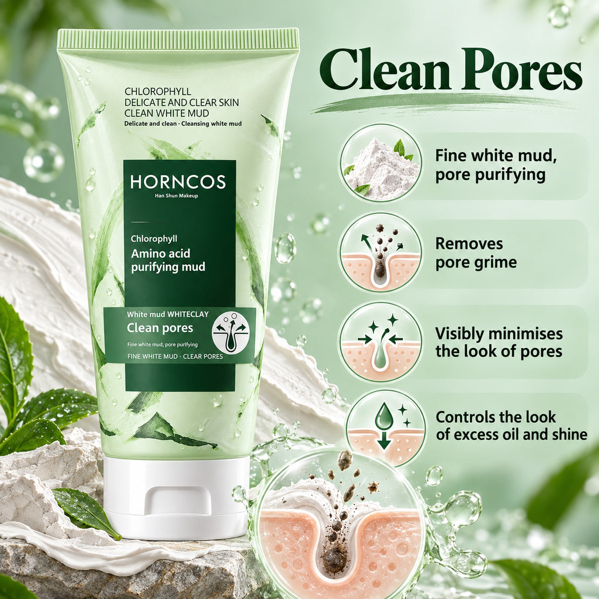 Clean pores: fine white mud pore purifying, removes pore grime, minimises the look of pores, controls shine