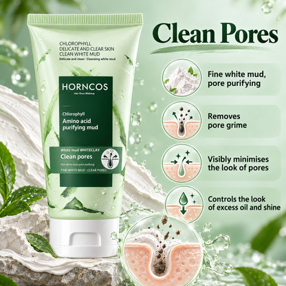 Clean pores: fine white mud pore purifying, removes pore grime, minimises the look of pores, controls shine
