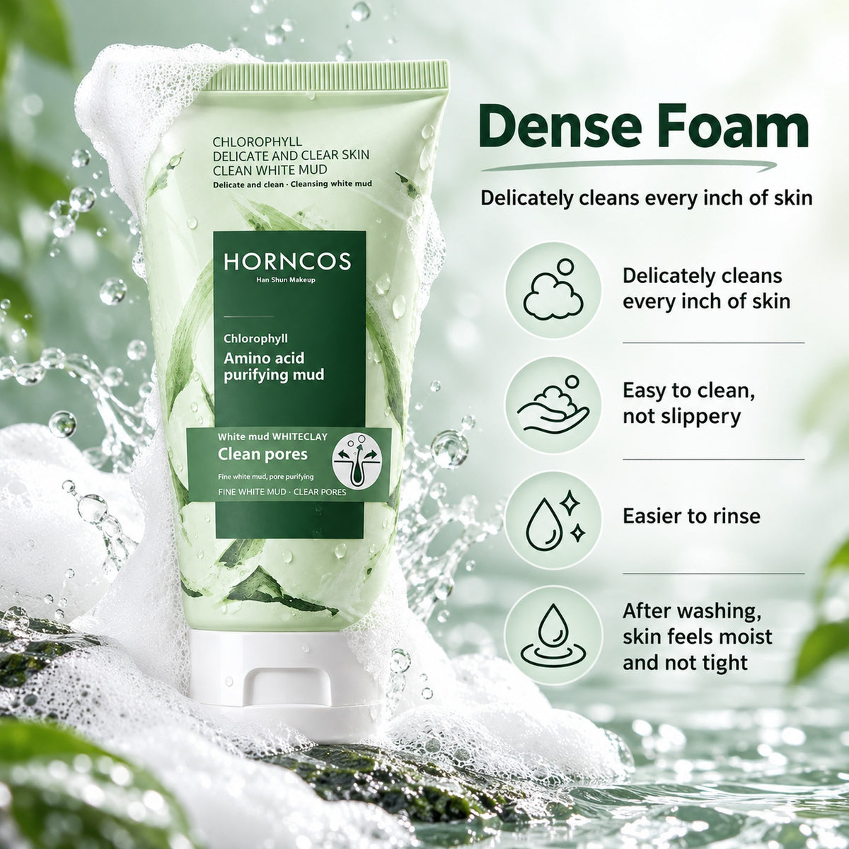 Dense foam that delicately cleans every inch of skin, easy to rinse and not tight after washing