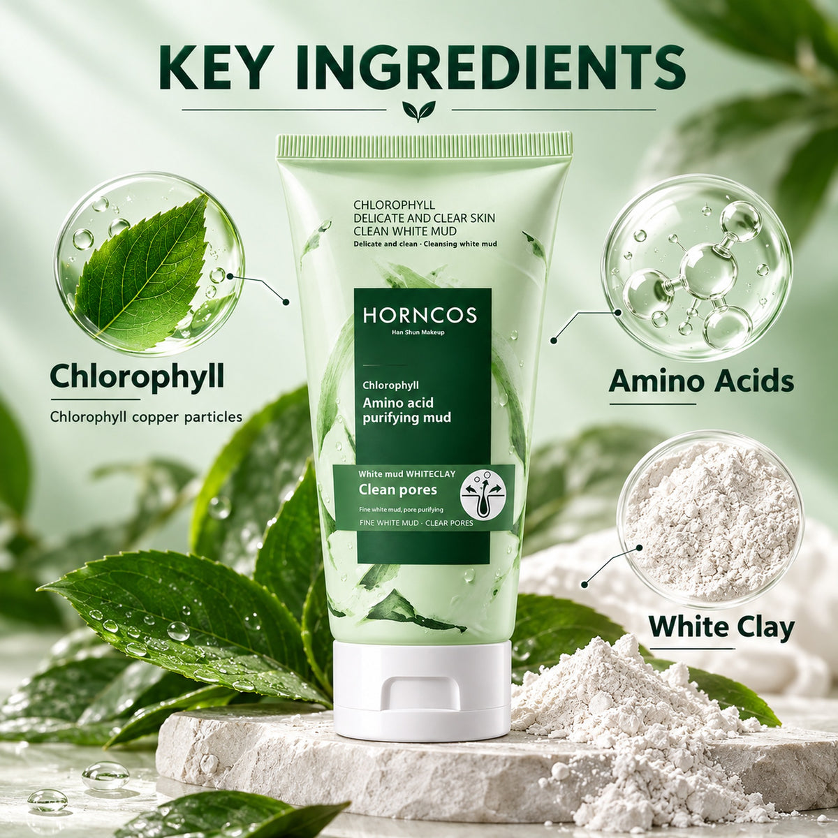 Key ingredients: chlorophyll, amino acids and white clay