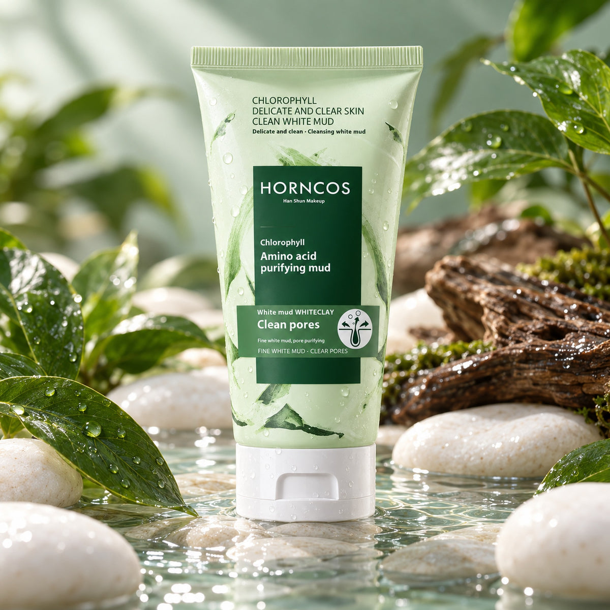 HORNCOS chlorophyll cleanser among white pebbles, water and green leaves