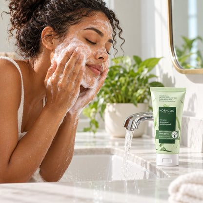 Woman washing her face with the foamy chlorophyll cleanser at the sink