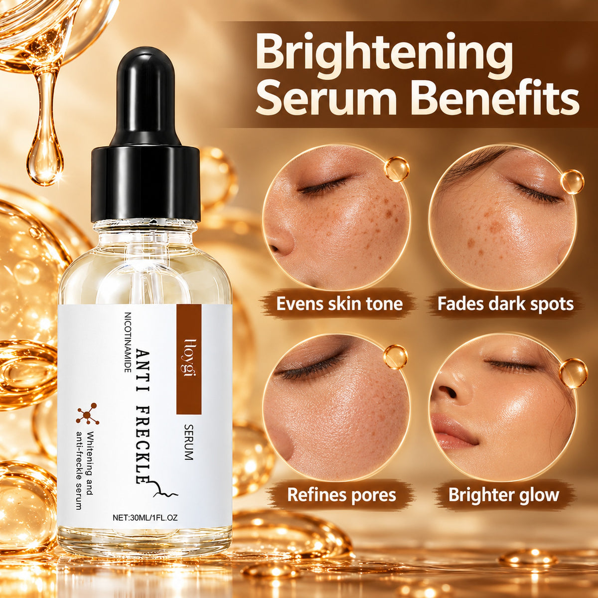 Hoygi brightening serum benefits: evens skin tone, fades dark spots, refines pores, brighter glow