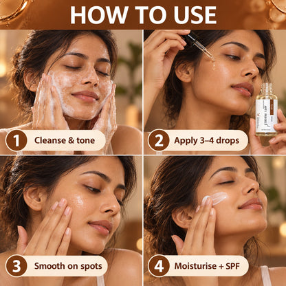 How to use the Hoygi niacinamide serum: cleanse and tone, apply 3-4 drops, smooth on spots, moisturise and SPF