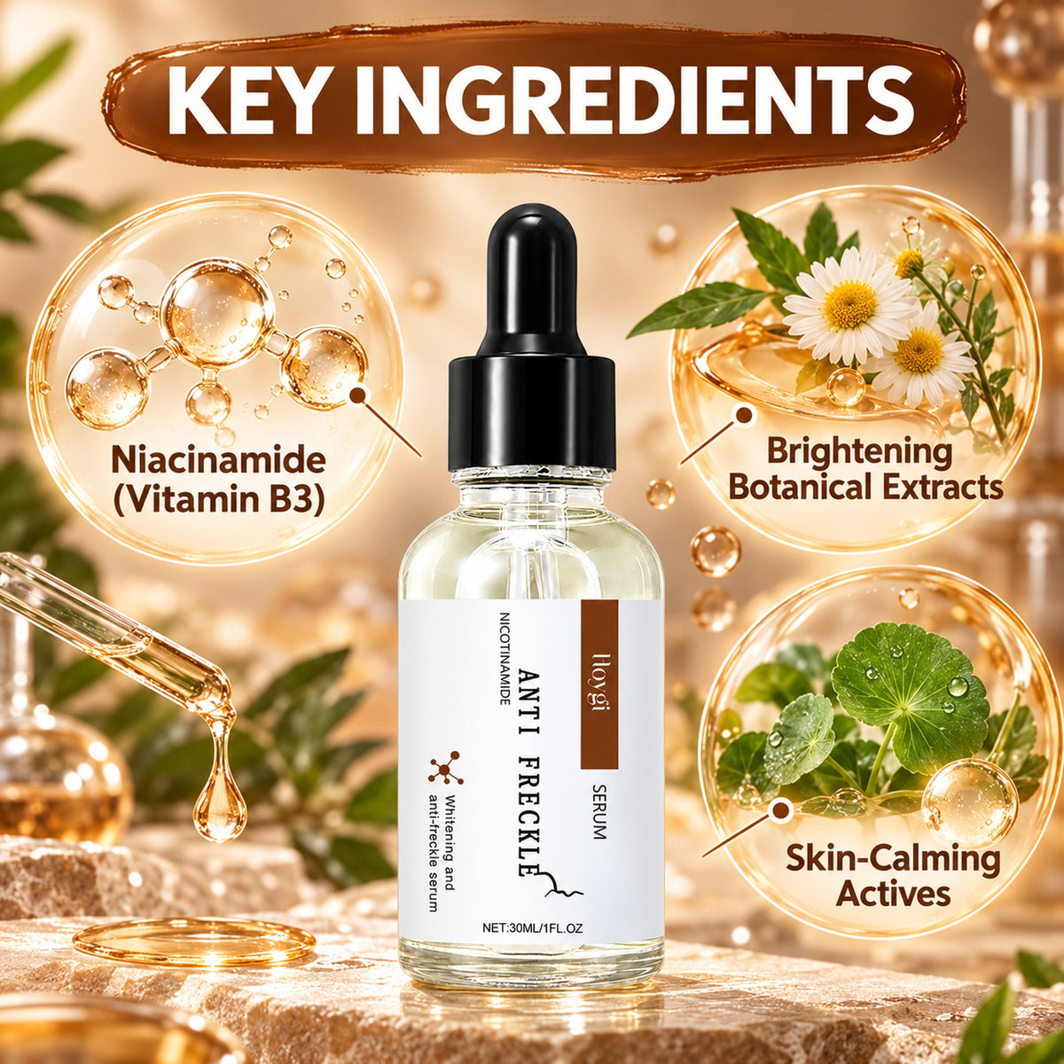 Key ingredients of the Hoygi serum: niacinamide (vitamin B3), brightening botanical extracts, skin-calming actives